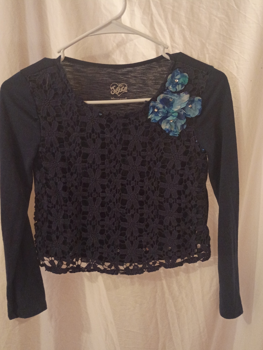 Justice Navy Long Sleeve Crochet Top with Blue Floral Applique